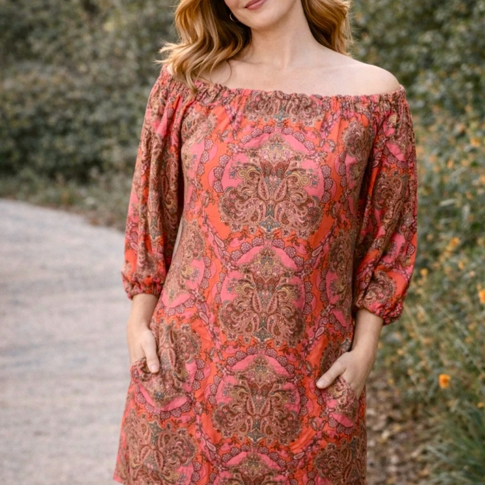 Vince Camuto Off-Shoulder Pink and Orange paisley Midi Dress size 6